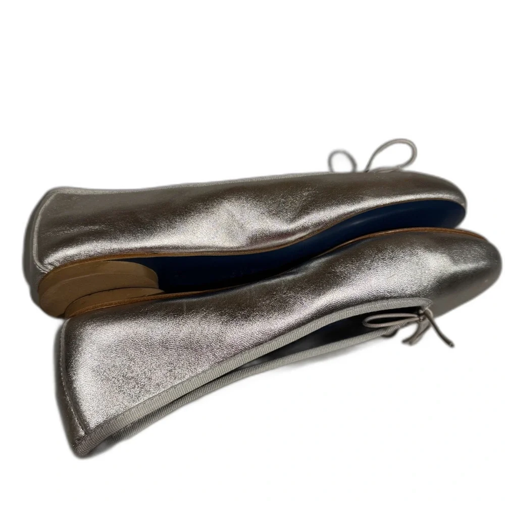 NUR Italy Ballet Flats Metallic Silver Leather Bow Women EU 39 US 8.5 Flat Shoes